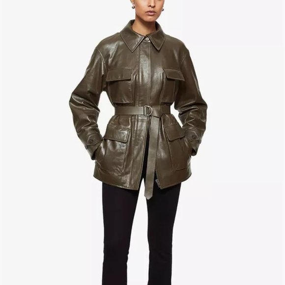 Anine Bing Jackets & Blazers - Anine Bing Monroe Buttery Soft Leather Belted Jacket Coat Dark Green X-Small NEW